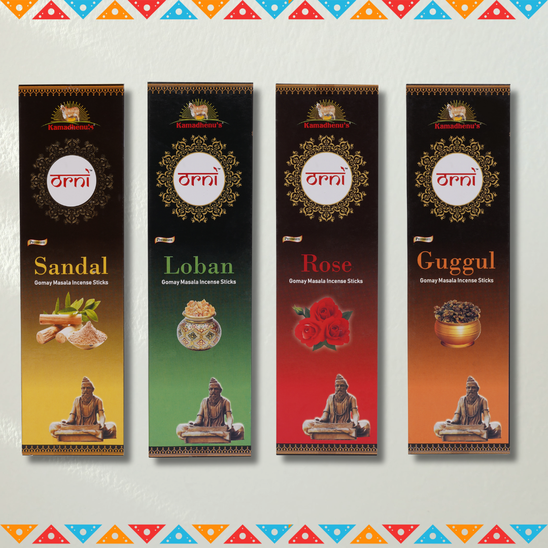 Orni Premium Pure Desi Gomay Masala Agarbatti Combo (Lobbhan,Guggul,Sandal,Rose).
