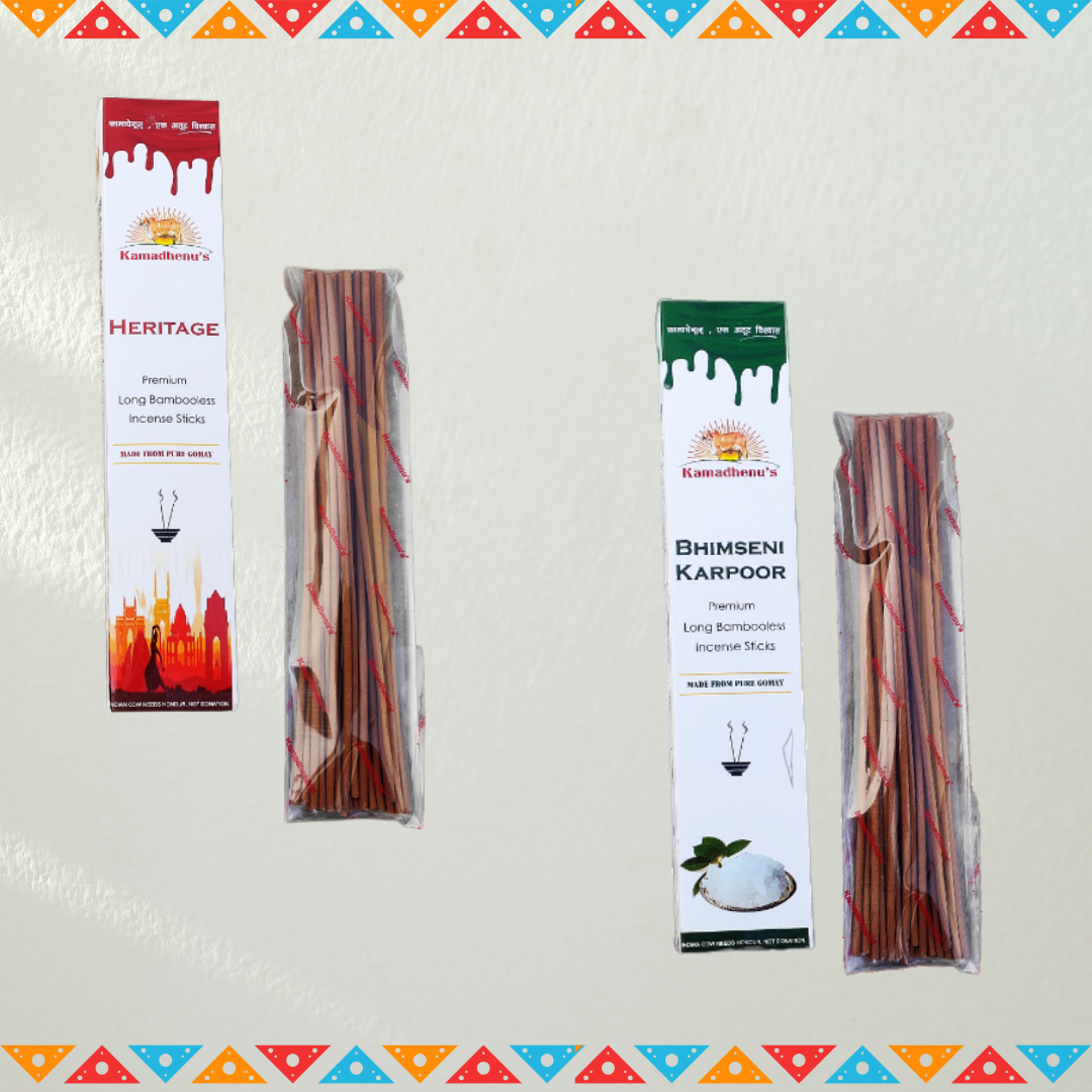 Kamadhenu's Premium Long Bambooless Incense Sticks Combo (Heritage And Bhimseni)