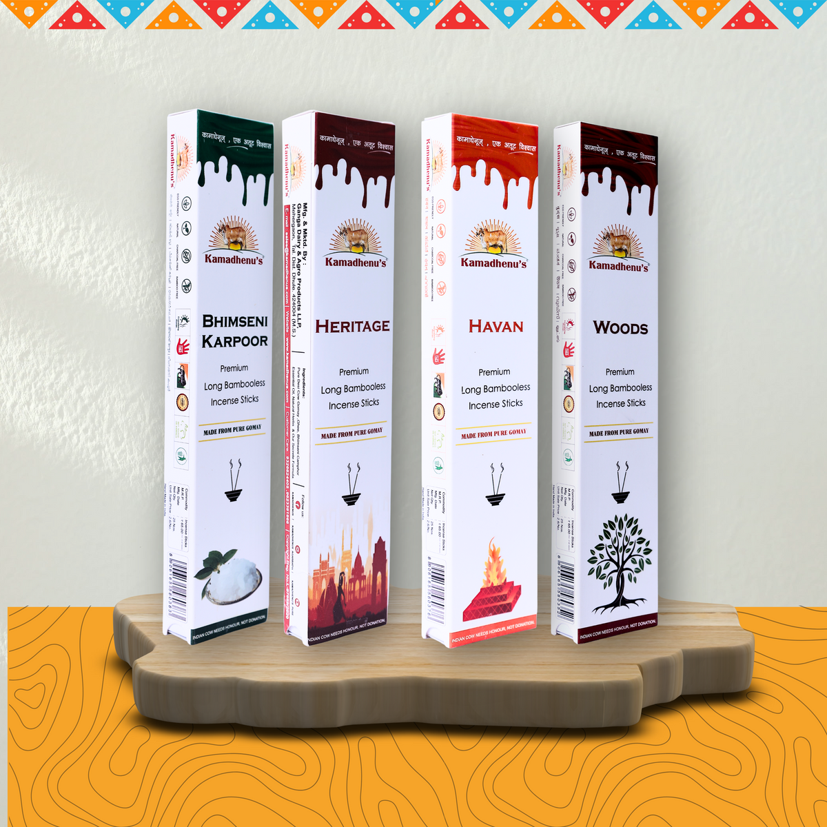 Kamadhenu's Premium Long Bambooless Incense Sticks Combo (Heritage,Bhimseni,Woods,Havan)