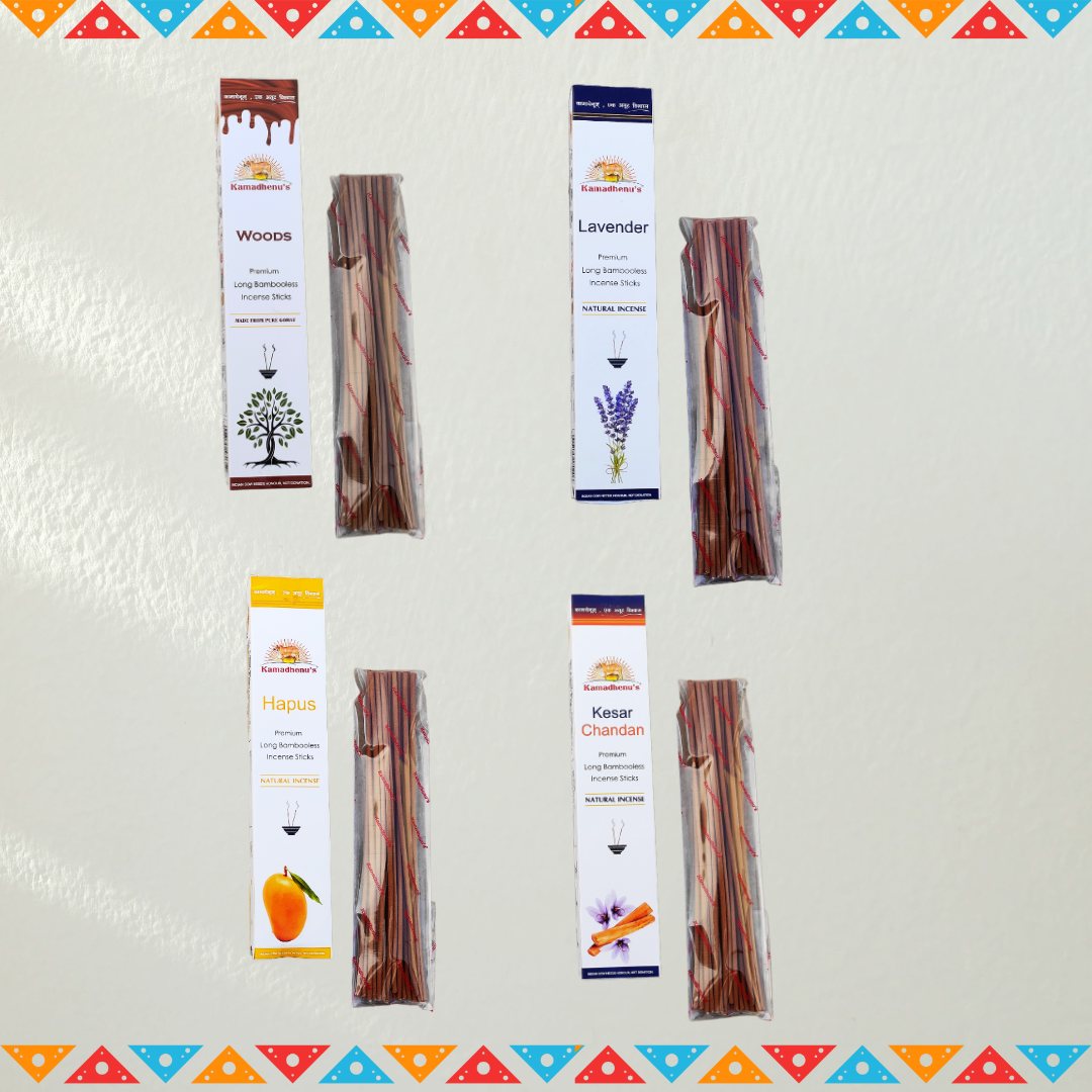 Kamadhenu's Premium Long Bambooless Incense Sticks Combo (Hapus,Kesar Chandan,Woods,Lavendar)