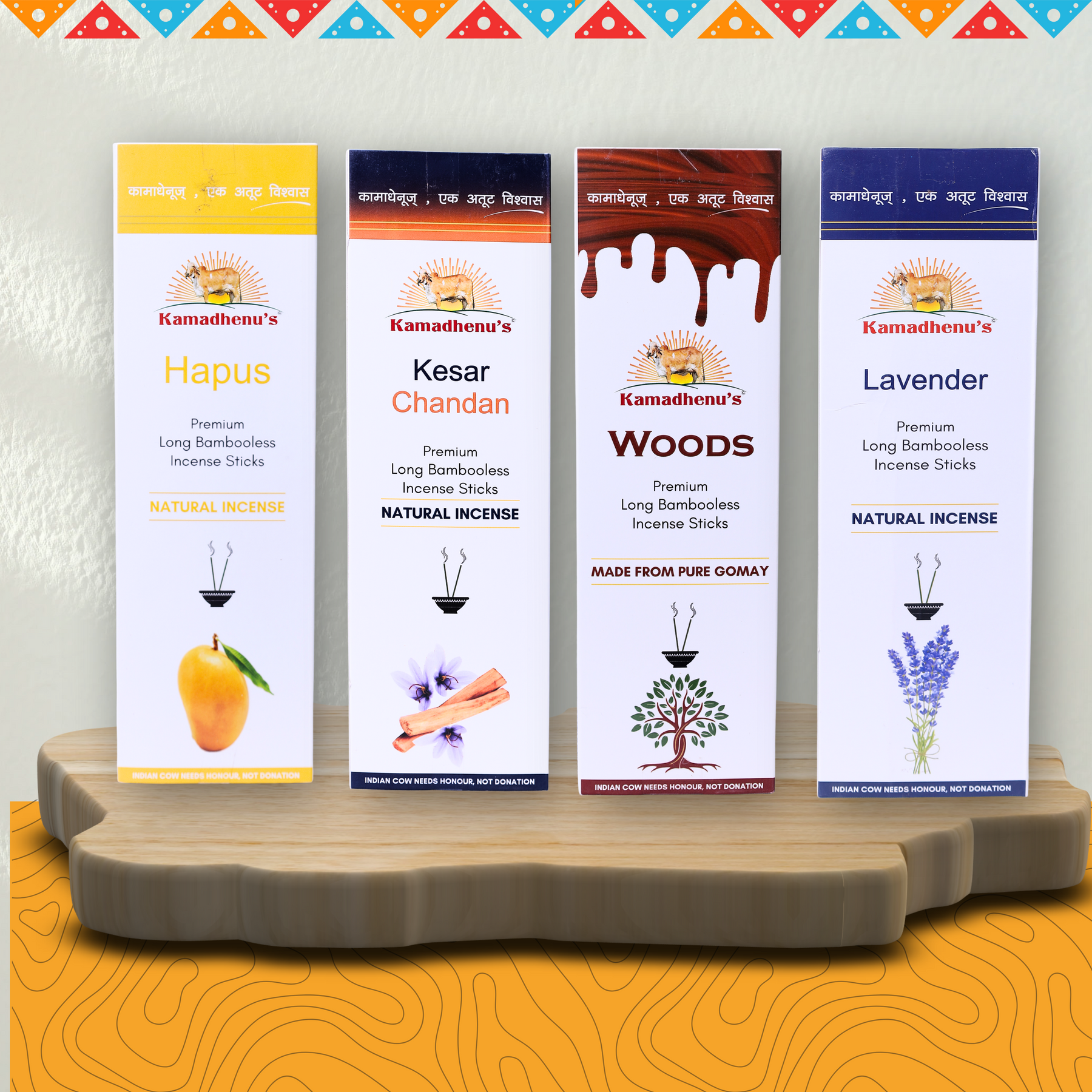 Kamadhenu's Premium Long Bambooless Incense Sticks Combo (Hapus,Kesar Chandan,Woods,Lavendar)