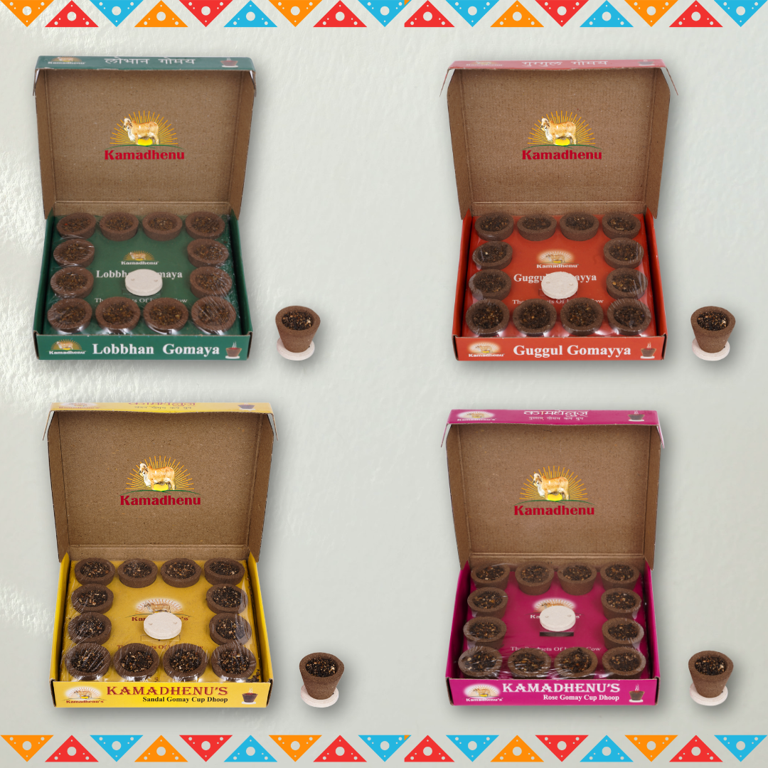 Kamadhenu's Gomay Cup Sambrani Combo Pack of Lobbhan, Guggul, Rose And Sandal. Pack of 4 (12 Cups per Box)