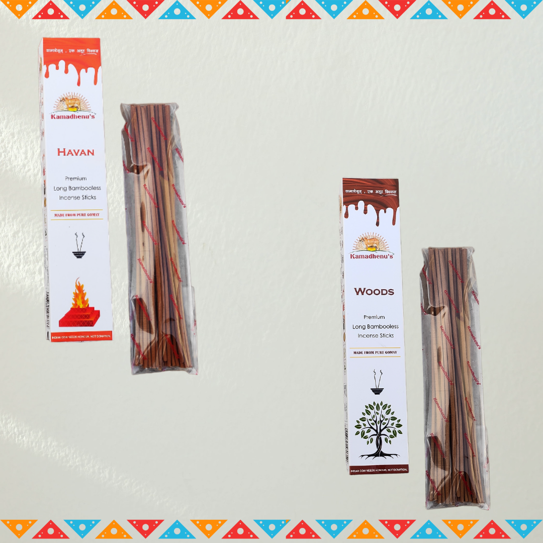 Kamadhenu's Premium Long Bambooless Incense Sticks Combo (Woods And Havan)